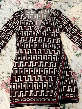 Geometric Print Long Sleeve Dress - Black, White & Burgundy